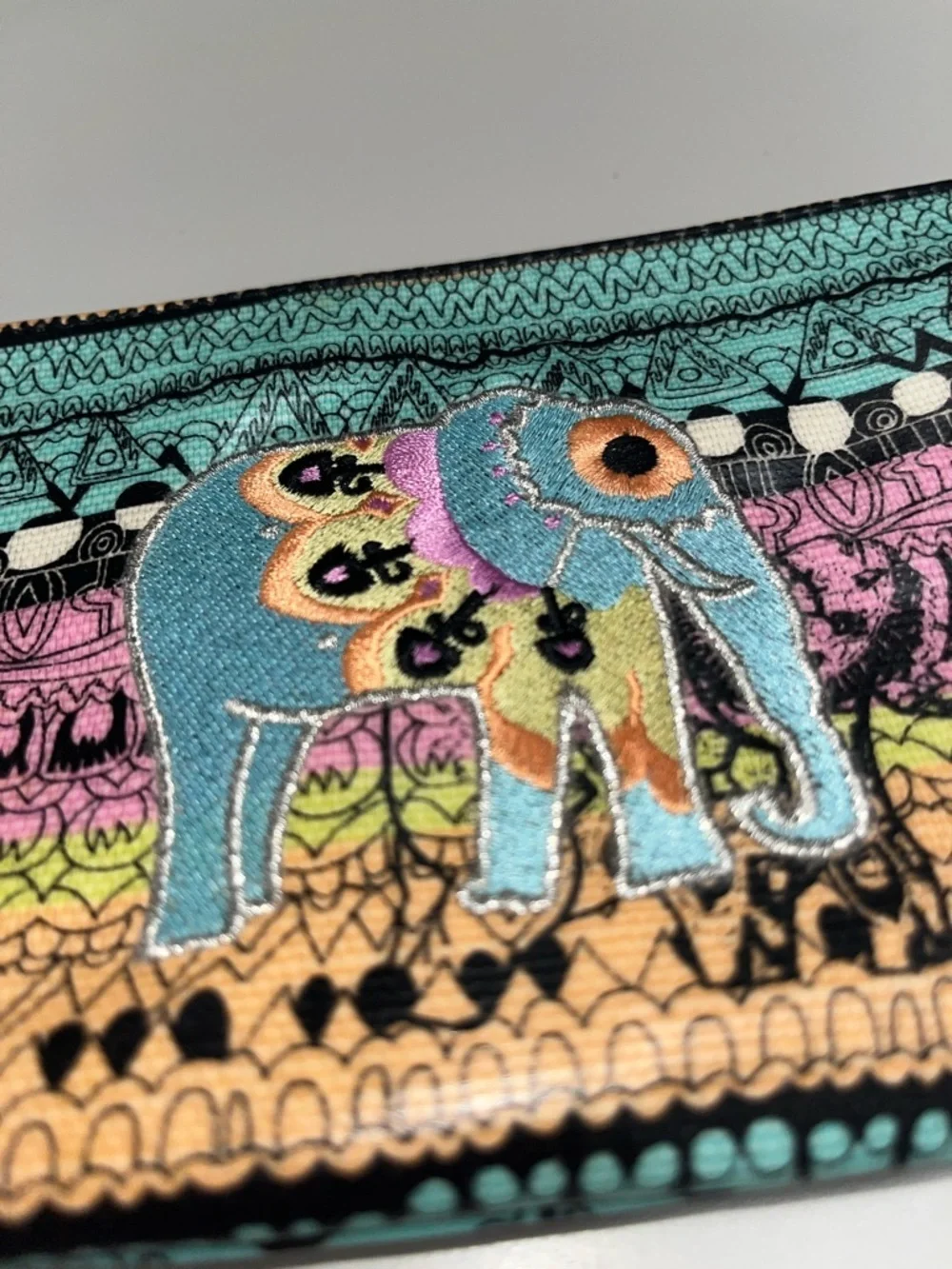 Sakroots Teal Pink Peach Stripe Embroidered Elephant Wallet/ pouch